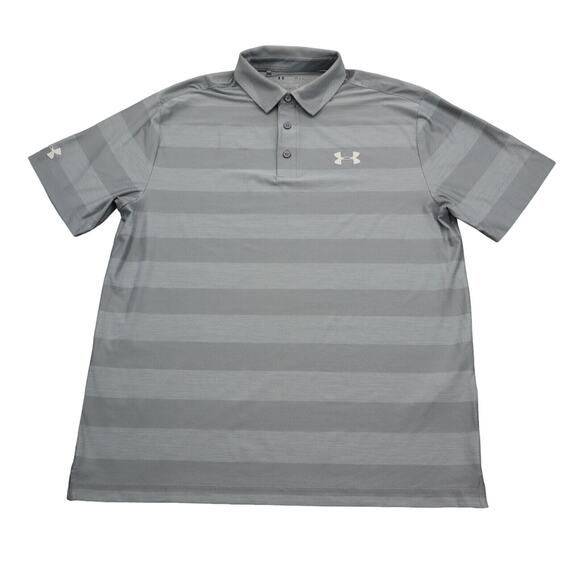 Under Armour Shirt Mens L Gray Stripe Chest Button Short Sleeve Collared Top - Picture 1 of 16